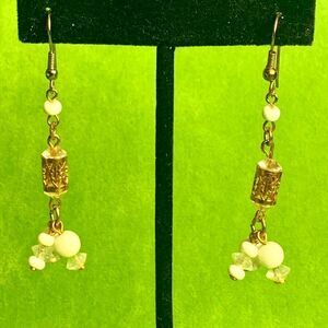 Vintage Caged White Bead earrings, in Gold, Unmarked